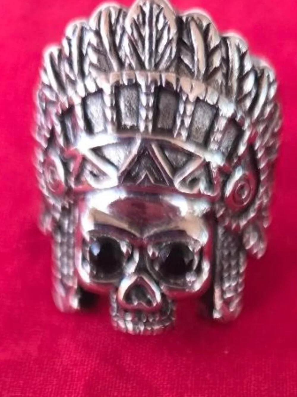 Native American Chief Skull Ring Size 14, CZ Eyes, Indian Head Skull Ring Mens